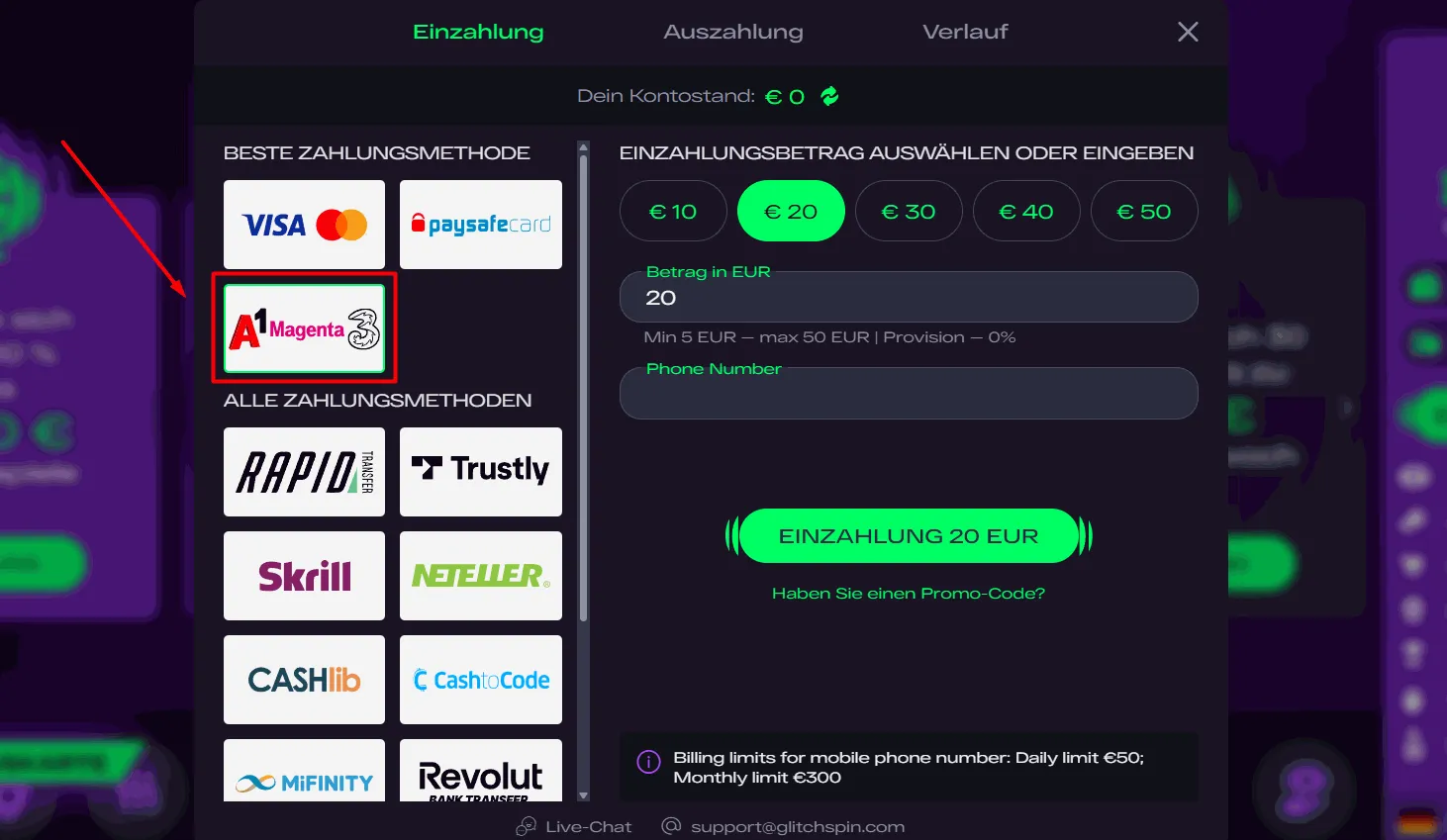 SMS Bezahlung bei Glitch Spin Glitch Spin Casino mit SMS Zahlung
