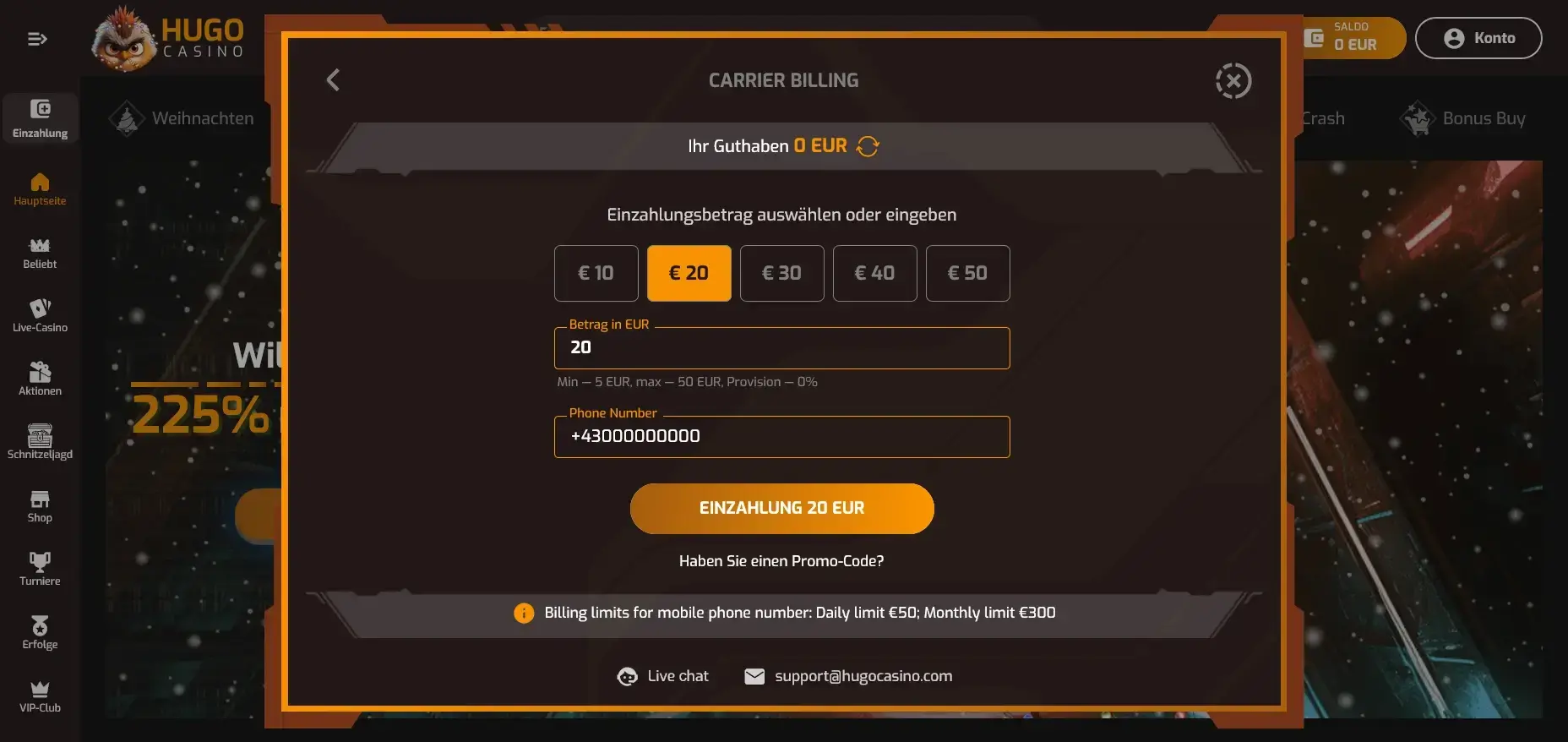 Hugo Casino mit Handyrechnung bezahlen Hugo Zahlung per Handyrechnung